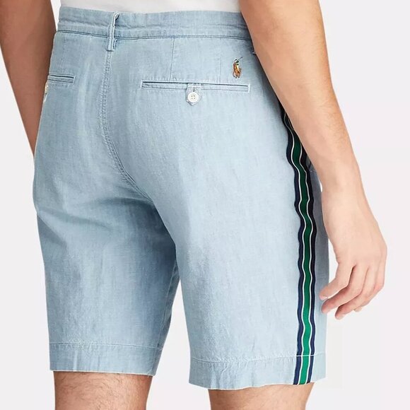 Polo Ralph Lauren Shorts Mens 42T Blue Chambray Cotton Classic Fit Striped Sides - Picture 1 of 12